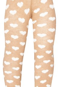 Beige Leggings mit einem Muster aus kleinen weißen Herzen. Der Stoff hat eine glatte Textur mit einem gerippten Design.
