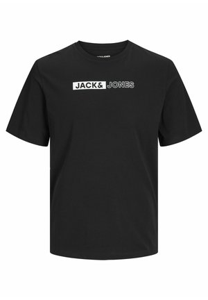 Zwart katoenen T-shirt met korte mouwen en een ronde hals. Heeft witte gedrukt tekst "JACK&JONES" op de voorkant in contrasterende ontwerpelementen.