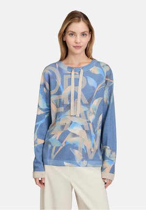 Pullover sweatshirt di colore blu chiaro con un motivo astratto multicolore, polsini a coste e due cordini al collo.