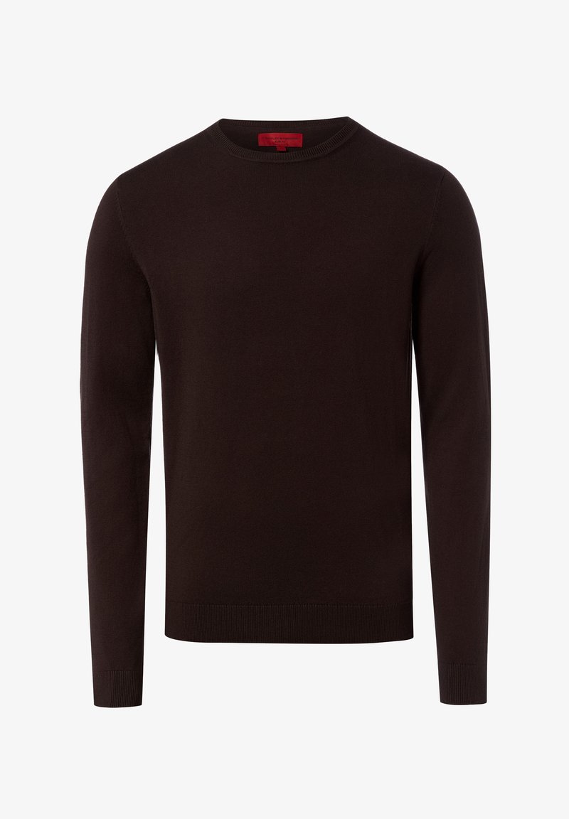 Pull brun foncé en tissu lisse, doté d'un col rond et de manches longues avec des poignets et un ourlet côtelés. Étiquette intérieure rouge visible.