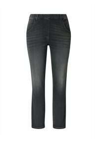 Jean slim gris foncé avec détails décolorés, taille élastique, poches avant et ourlet propre.