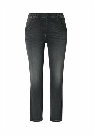Dunkelgraue Slim-Fit-Jeans mit verwittertem Design, elastischem Bund, vorderen Taschen und einem sauberen Saum.
