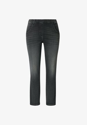 Ciemnoszare dżinsy slim-fit z wyblakłymi detalami, elastycznym pasem, kieszeniami z przodu i czystym wykończeniem.