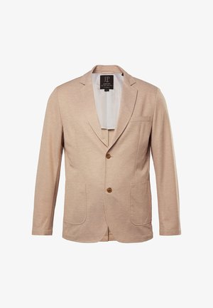 Blazer beige clair en tissu texturé, avec un col cranté, fermeture à deux boutons et poches avant. Doublé avec un motif rayé.