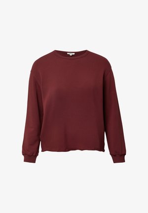 Bordowy długi rękaw sweter z okrągłym dekoltem, luźny krój i ściągacze przy mankietach. Miękka, gładka tekstura z niewielką elastycznością.