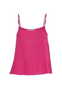 Rosa ärmlös topp med tunna axelremmar, texturerad tyg, lagerdesign och utsvängd nederkant. Lämplig för avslappnad användning.