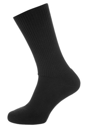 Chaussette en coton noir avec une texture côtelée, longueur mi-mollet, et pointe et talon renforcés pour la durabilité. Design simple, sans motifs visibles.