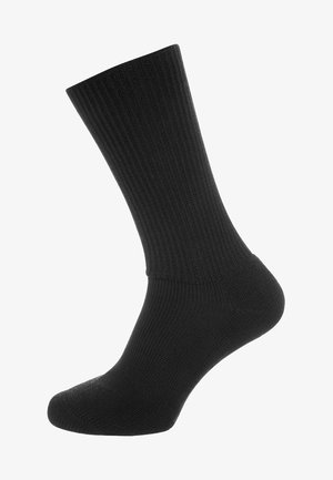 Schwarze Baumwollsocke mit gerippter Textur, mittlere Schafthöhe und verstärkter Spitze und Ferse für Haltbarkeit. Einfaches Design, keine sichtbaren Muster.