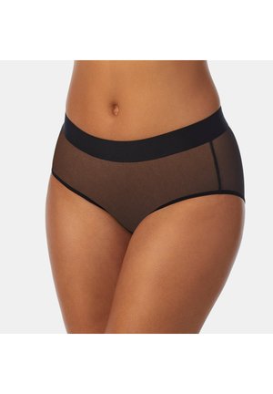 Mutande hipster trasparenti nere con vita elastica nera e superficie liscia, caratterizzate da cuciture minime e un design a taglio classico.