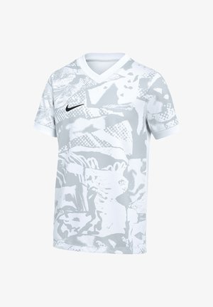 Maglia da calcio Nike con maniche corte e collo a V, con motivo astratto in bianco e grigio chiaro.