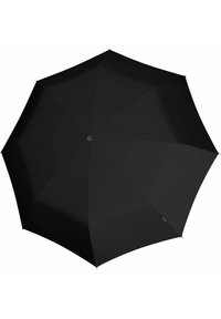 Zwarte paraplu met acht panelen, elegante matte textuur, centrale knoopsluiting en geen zichtbare patronen of accenten.