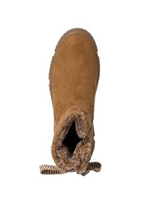 Braune Wildleder-Stiefelette mit einem flauschigen Innenfutter, strukturiertem Gummisohle und einer dekorativen geflochtenen Schnürung am Schaft.