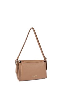 Tan leather shoulder bag with a structured design, zipper closure, and a single adjustable strap. Gold branding accents on the front.