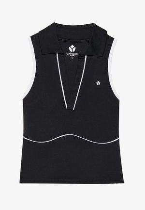 Mustamata ilma varrukat polo särk, millel on v-kaelus, valged äärised, veniv kangas ja väike logo vasakul rinnal.