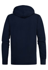 Felpa blu navy con una texture morbida, dotata di cappuccio con coulisse, maniche lunghe e polsini e orlo a coste. Nessun logo o motivo visibile.