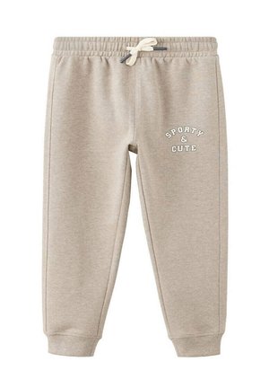 Hellbeige Kinder-Sweathosen mit elastischem Bund und Bündchen, Kordelzug und weißem Text "Sporty & Cute" am linken Oberschenkel.