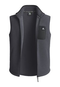 Graue Fleece-Weste mit hohem Kragen, voller Frontreißverschluss und einer schwarzen Brusttasche mit dem Markenlogo. Strukturierter Stoff überall.