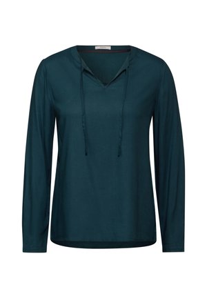 Teal langemouwtop met een V-hals, trekkoordaccenten en een gladde stoftextuur. Casual pasvorm met een afgeronde zoom.