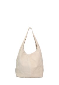 Beige Wildleder Hobo-Tasche mit einer weichen Textur, breitem Schultergurt und runder Form. Mit einem zentralen Nahtdetail.