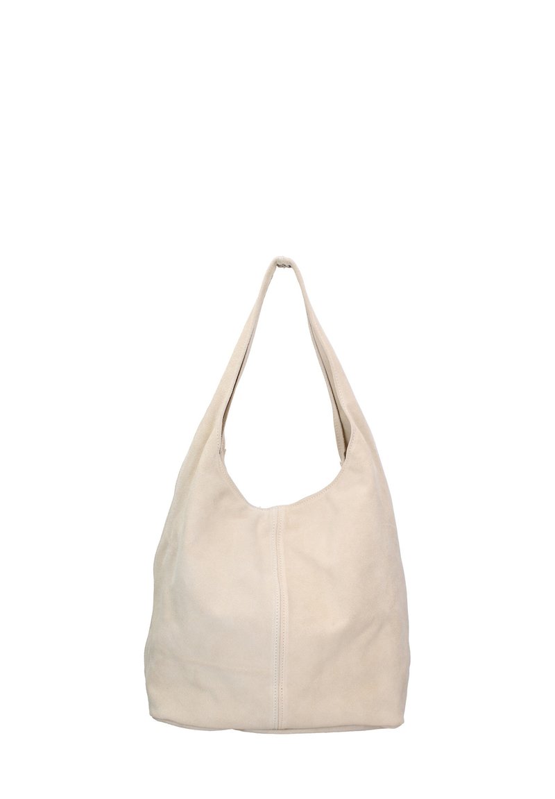 Beige Wildleder Hobo-Tasche mit einer weichen Textur, breitem Schultergurt und runder Form. Mit einem zentralen Nahtdetail.