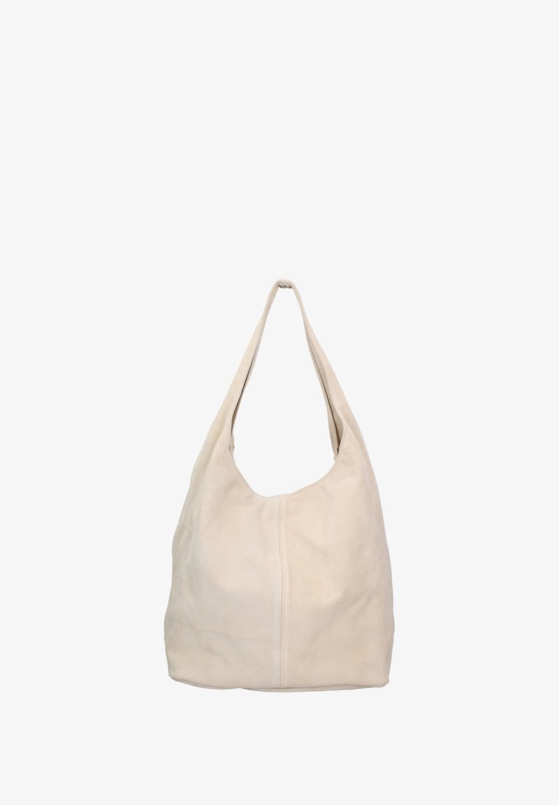 Beige suède hobo tas met een zachte textuur, brede schouderband en een ronde vorm. Beschikt over een centrale naad detail.