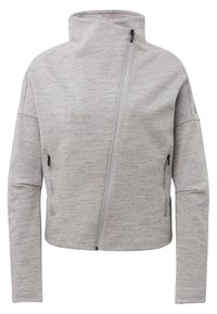 Veste gris clair à manches longues avec col montant et fermeture éclair asymétrique sur le devant, avec poches latérales zippées et coupe décontractée.