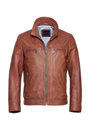 Bruine leren jas met ritssluiting aan de voorkant, twee horizontale borstzakken met ritssluiting, twee zijzakken met ritssluiting en een lichtblauwe binnenvoering.