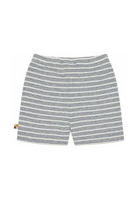 Pantaloni corti di cotone a righe con una base crema e righe orizzontali blu. Presentano un pantalone con cucitura in vita e un'etichetta del marchio colorata sul lato.