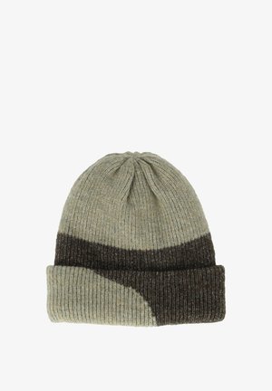 Gebreide beanie met een textuur, gemengde stof in lichtgrijs met een bruine omgeslagen manchette en een diagonaal kleurpatroon op de kroon.