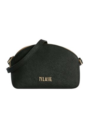 Borsa a tracolla nera con finitura testurizzata, cerniera superiore curva, tracolla regolabile e logo "T CLASSE" dorato sul davanti.