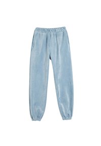 Lysblå velour joggere med elastisk talje, sidelommer og smalle manchetter. Glat overflade med let glans.