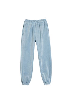 Lysblå velour joggere med elastisk talje, sidelommer og smalle manchetter. Glat overflade med let glans.