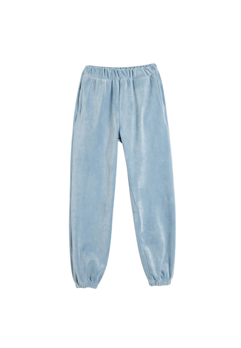 Lysblå velour joggere med elastisk talje, sidelommer og smalle manchetter. Glat overflade med let glans.