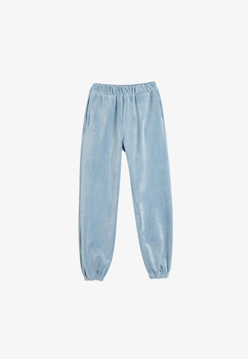 Lysblå velour joggere med elastisk talje, sidelommer og smalle manchetter. Glat overflade med let glans.