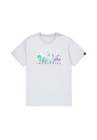 Světl gray bavlněné tričko s barevným grafickým nápisem "ALPHA INDUSTRIES" ve vlnkovém písmu, s černou nášivkou na lemu.