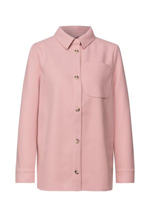 Pink button-up shirt with a collar, long sleeves, chest pocket, and four round buttons. Soft texture and relaxed fit.