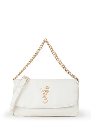 Weiße Lederhandtasche mit goldfarbigem Kettenriemen und goldenem Logo mit der Aufschrift "V73" auf der vorderen Klappe.