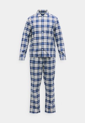 Blå og hvid ternet pyjamas sæt lavet af bomuld. Langærmet skjorte med knapper og krave samt matchende bukser med elastisk talje.