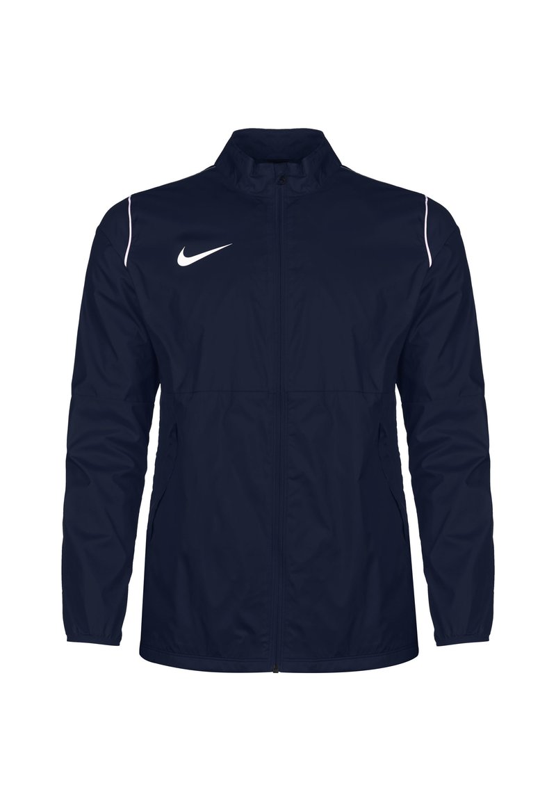 Veste Nike bleu marine avec col montant, fermeture éclair complète, bandes d'accent rose et logo blanc sur le côté gauche de la poitrine. Texture légère et lisse.
