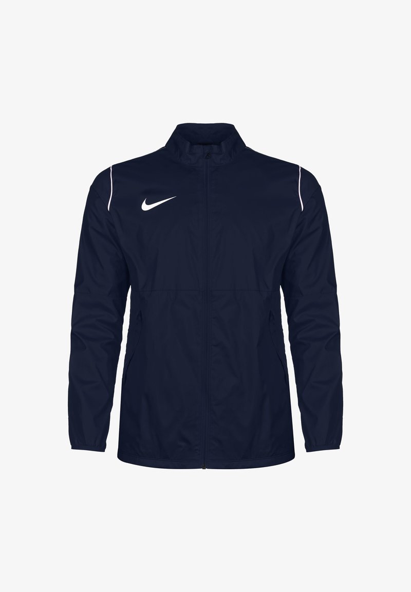 Veste Nike bleu marine avec col montant, fermeture éclair complète, bandes d'accent rose et logo blanc sur le côté gauche de la poitrine. Texture légère et lisse.