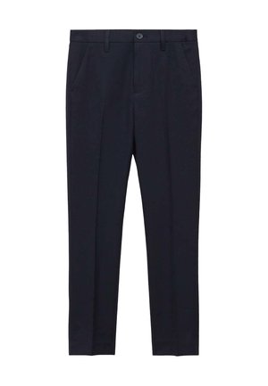 Pantalones de vestir en color navy, confeccionados en una tela suave, con dos bolsillos laterales, un frente plano y un cierre de botón en la cintura.