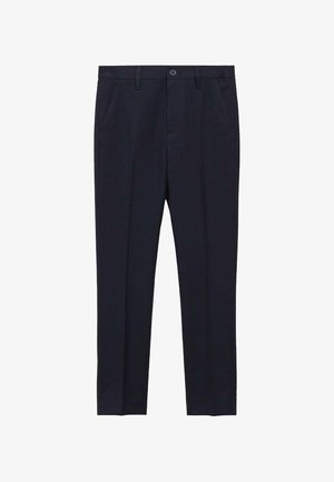 Pantaloni da abito blu realizzati in tessuto liscio, con due tasche laterali, una parte frontale piatta e una chiusura con bottone in vita.