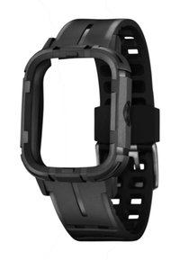 Black rectangular watch casing with a textured surface, attached to a rubber strap featuring cut-out patterns and a secure clasp.
