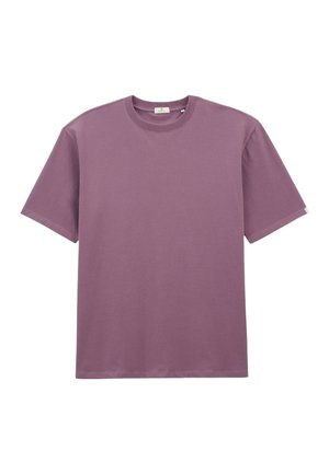 T-shirt à manches courtes et col rond en mauve doux, présenté à plat sur un fond blanc.