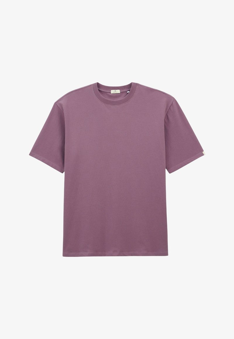 T-shirt à manches courtes et col rond en mauve doux, présenté à plat sur un fond blanc.