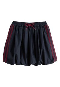 Navy shorts made of lightweight fabric with an elastic waistband and a burgundy drawstring. Features burgundy side stripes for contrast.