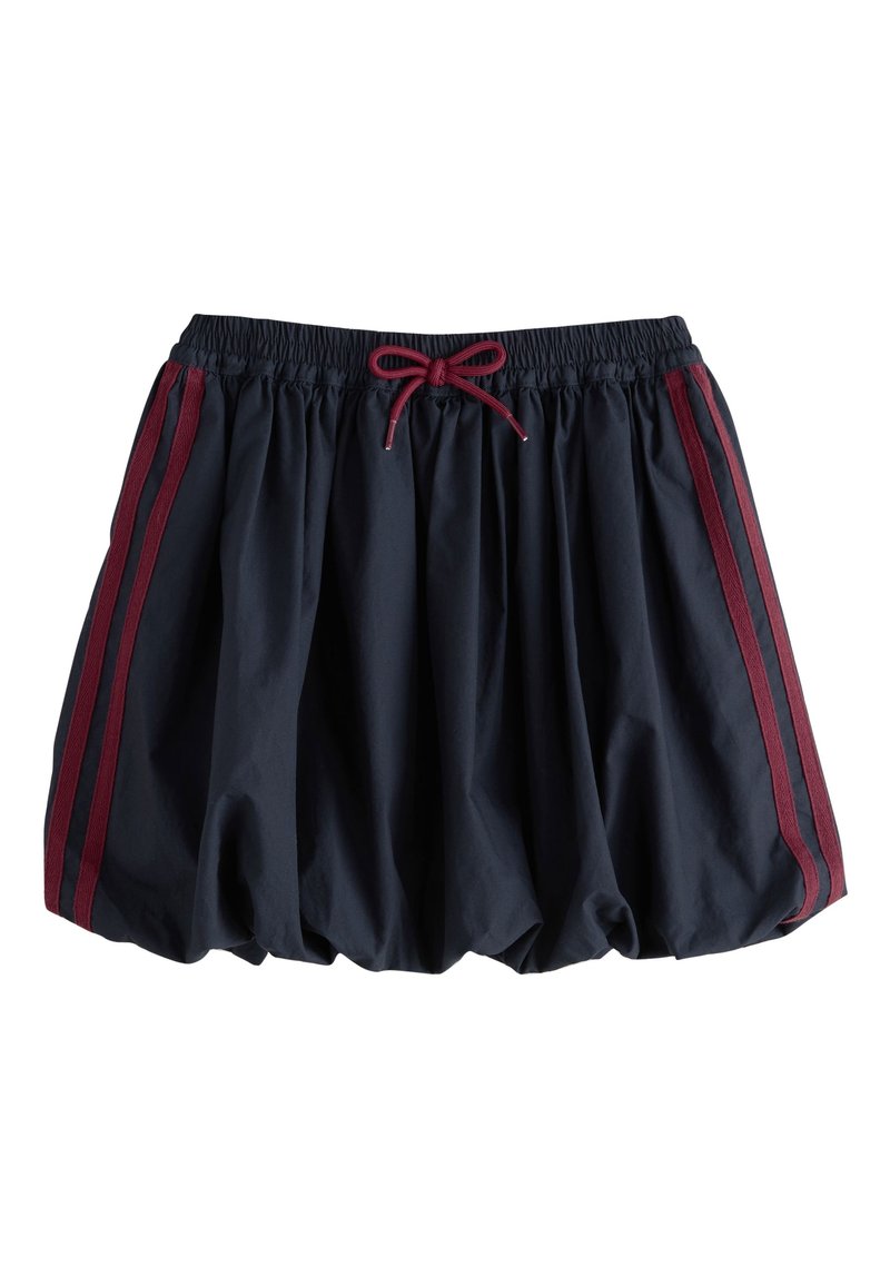 Navy shorts made of lightweight fabric with an elastic waistband and a burgundy drawstring. Features burgundy side stripes for contrast.