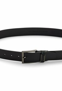 Black leather belt with a matte finish, featuring a silver metal buckle and adjustment holes along the entire length. Brand logo visible on leather.