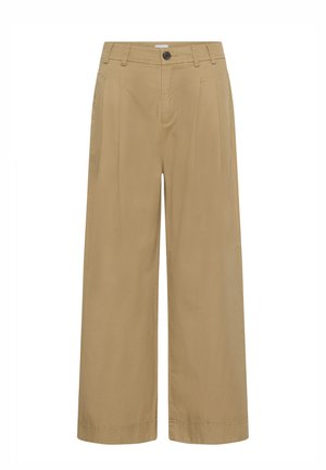 Pantalon large kaki en mélange de coton lisse, avec une fermeture à boutons, des plis devant et des poches latérales.