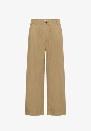 Platiomis kelnėmis khaki spalvos, pagamintos iš lygios medvilnės mišinio, su sagos užsegimu, priekinių raukšlių ir šoninių kišenių.